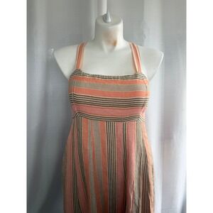 Maeve Anthropologie Linen Blend Maxi Dress Size 16 Orange Pink Stripe Tie Back